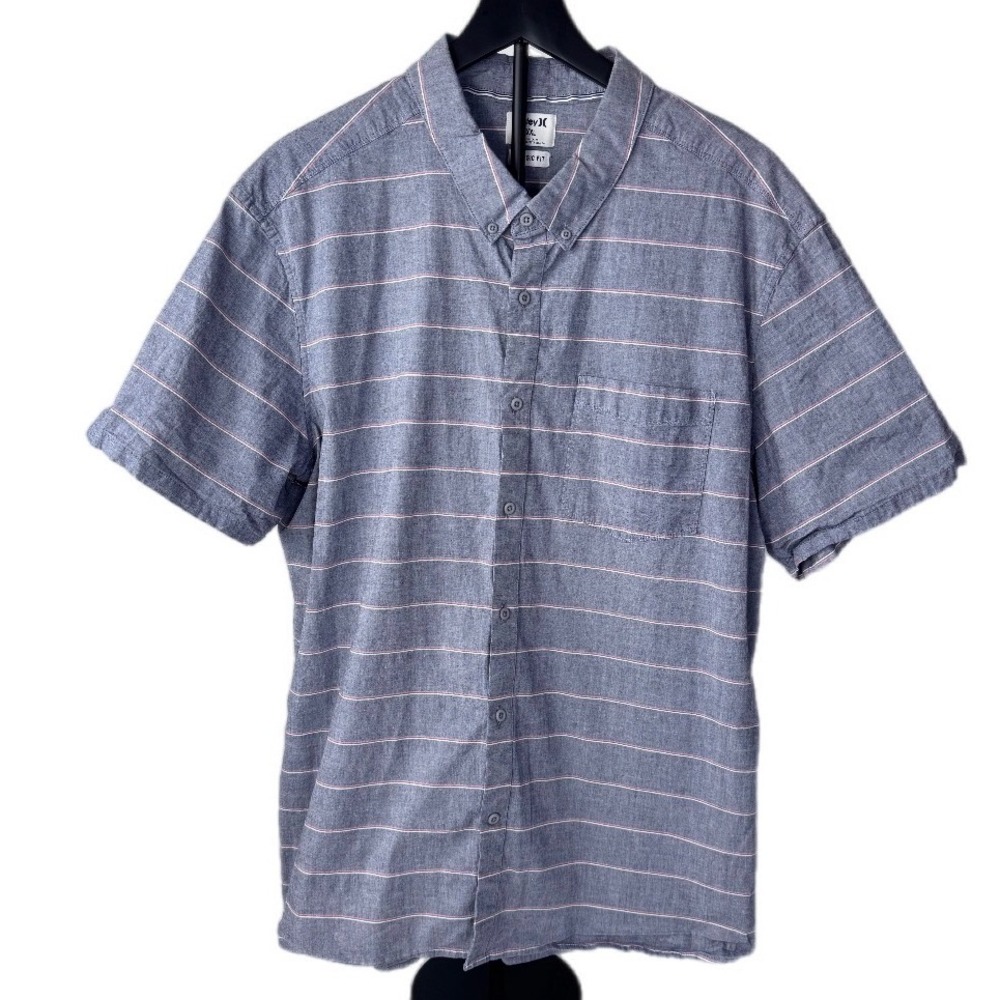 Hurley‎ Shirt Mens XXL Blue Striped Short Sleeve Classic Fit Button Down Casual